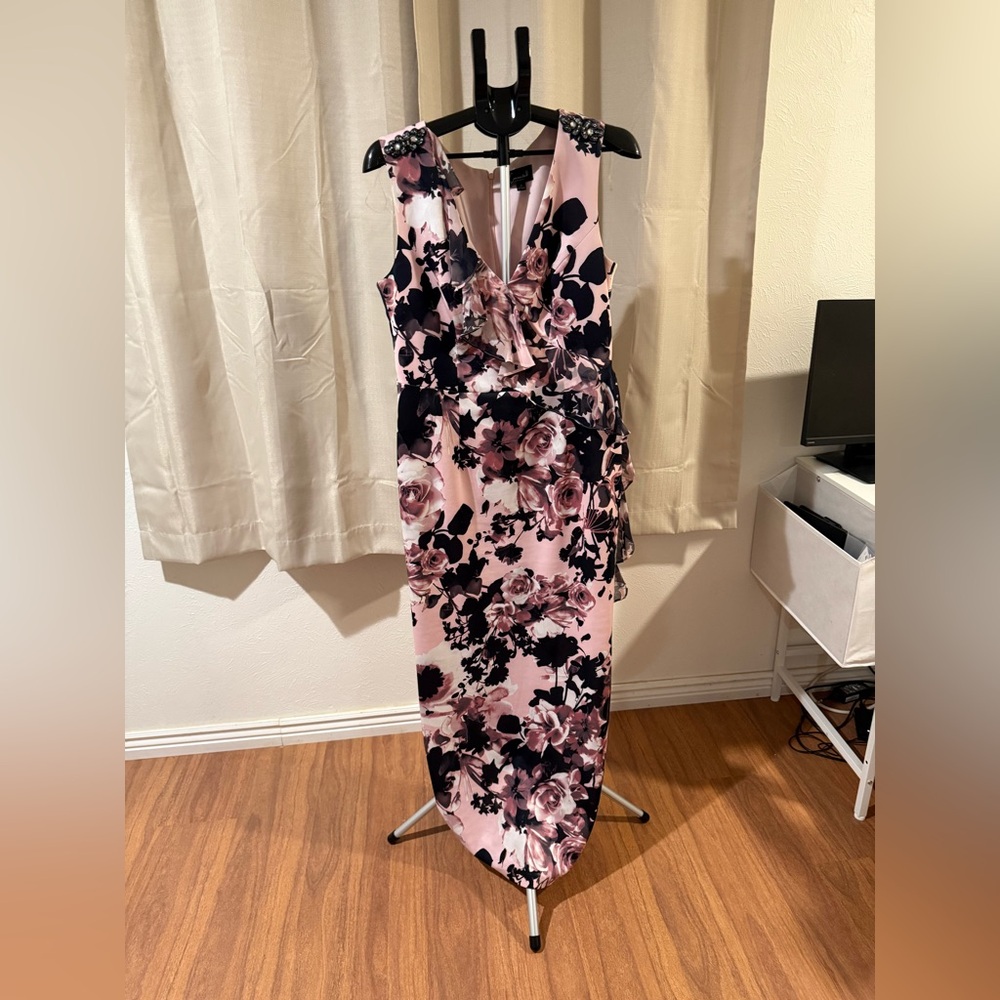 Connected Apparel Pink and Black Floral Maxi wedding guest dress